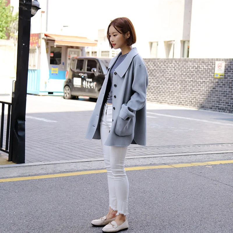 

2019 Autumn New Big Lapel Double-sided Hand Sewn Wool Coat Woman Short Loose Side Open Fork Long Coat Women