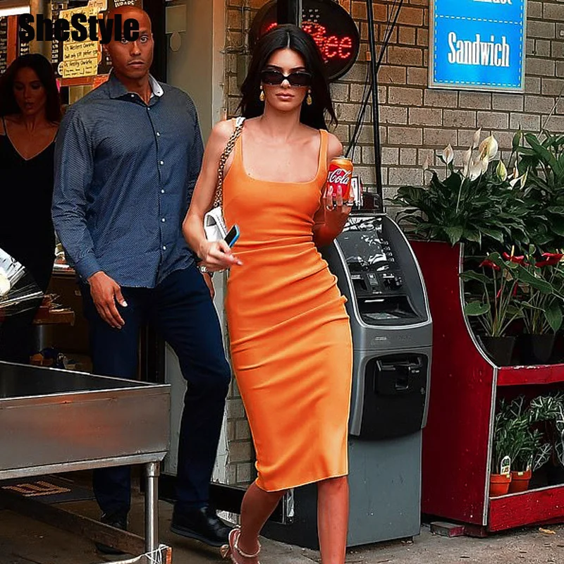 

Shestyle 2019 Orange Strappy Summer Dress Women Solid Bodycon Knee-length Sexy Slim Party Dress Square Neck Streetwear Elegant