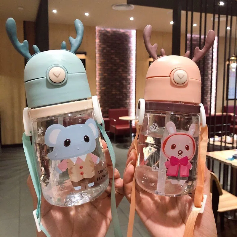 Kawaii Water Bottle Portable Cute Deer Cup With Straw Leak-proof Drinking Bottle for Girl Boy Students Kids