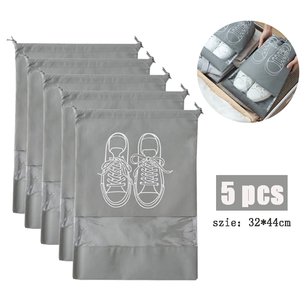 

5pc Waterproof Dust-Proof Drawstring Shoe Bags Portable Travel Shoe Storage Pouch Organizer With Transparent Window For Makeup O