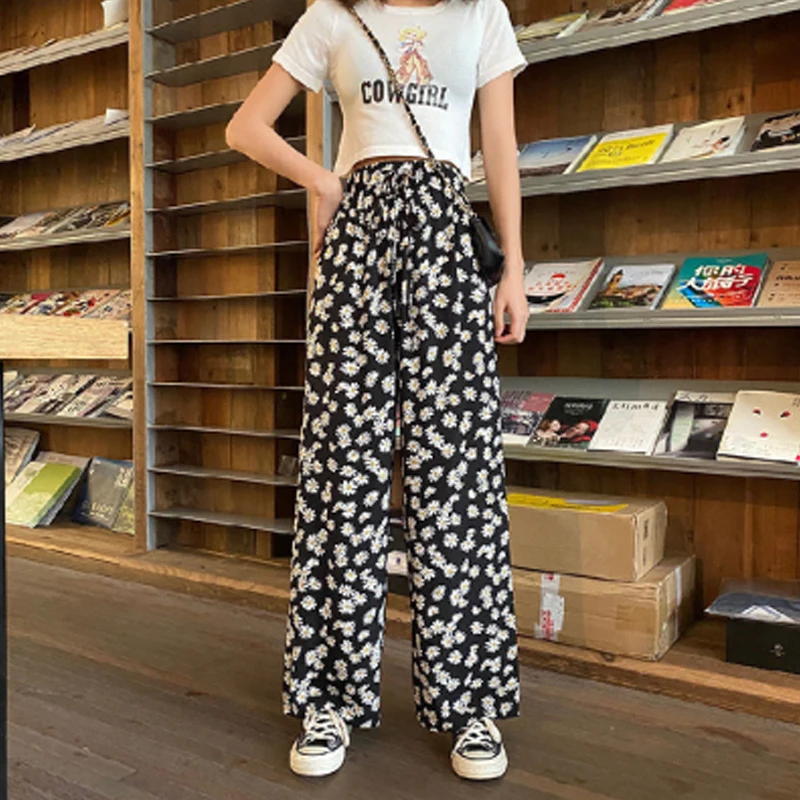 Summer 2020 Women Chiffon Trousers Loose Wide Leg Pants High Waist Ladies Casual Pants Print Flowers Elastic Waist Capris Summer 2020 Women Chiffon Trousers Loose Wide Leg Pants High Waist Ladies Casual Pants Print Flowers Elastic Waist Capris