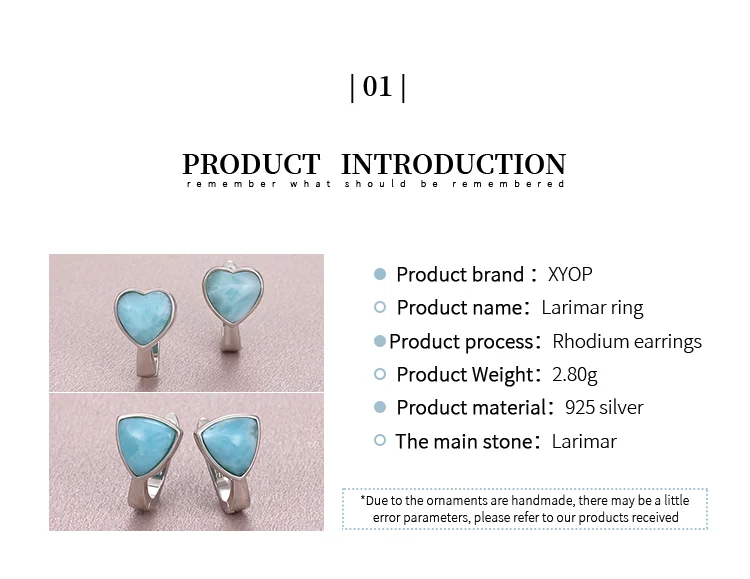 2021 Simple Fashion Geometric LOVE Charm 925 Sterling Silver Jewelry Gift Classic Natural Precious Larimar Earrings for Women