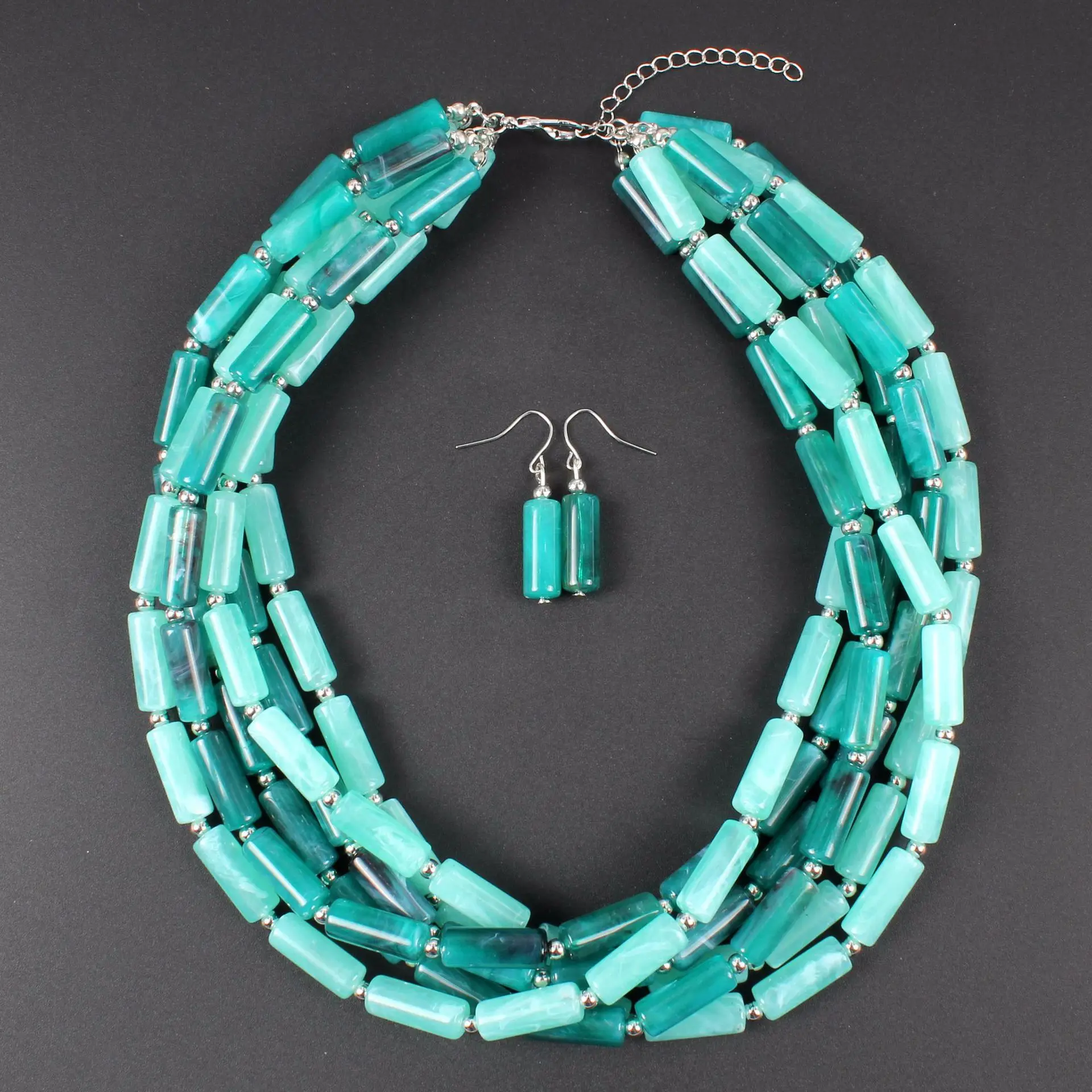 Fashion New Multilayer Cylindrical Resin Choker Necklace Earrings for Women Ethnic Bohemian Boho African Beads Jewelry Sets