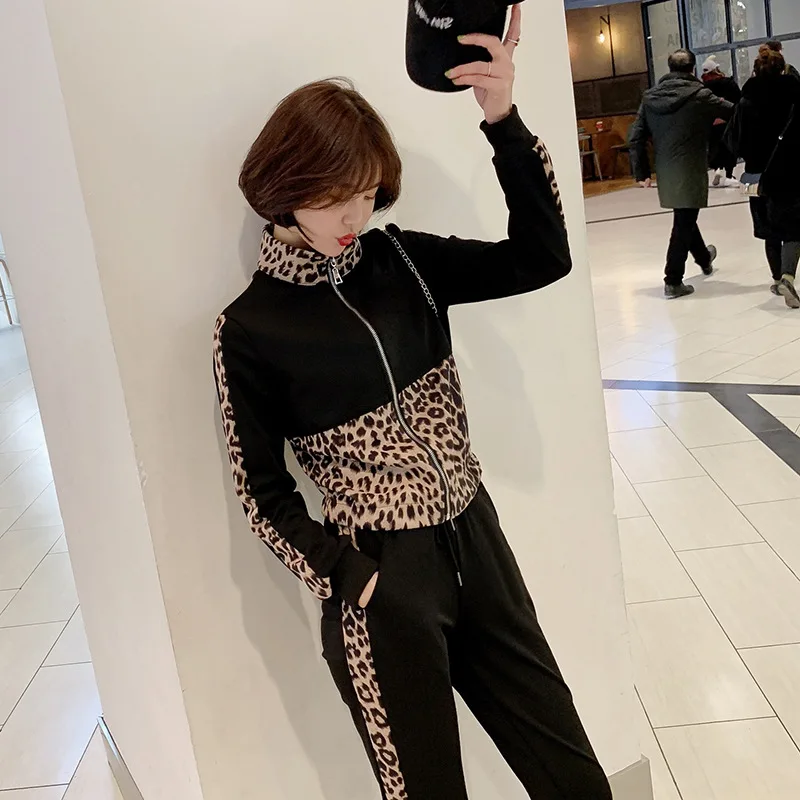 

Customizable Two-Piece Women's 2019 New Style Leopord Pattern Long Sleeve Knitted Sweater Coat Skinny Pants Set F5723