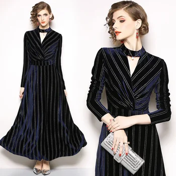 

Striped Velvet Lady Dress Vintage Winter Fall 2019 Long Dress Full Sleeve Ankle-Length Luxury V-Neck Maxi Party Dress Elegant