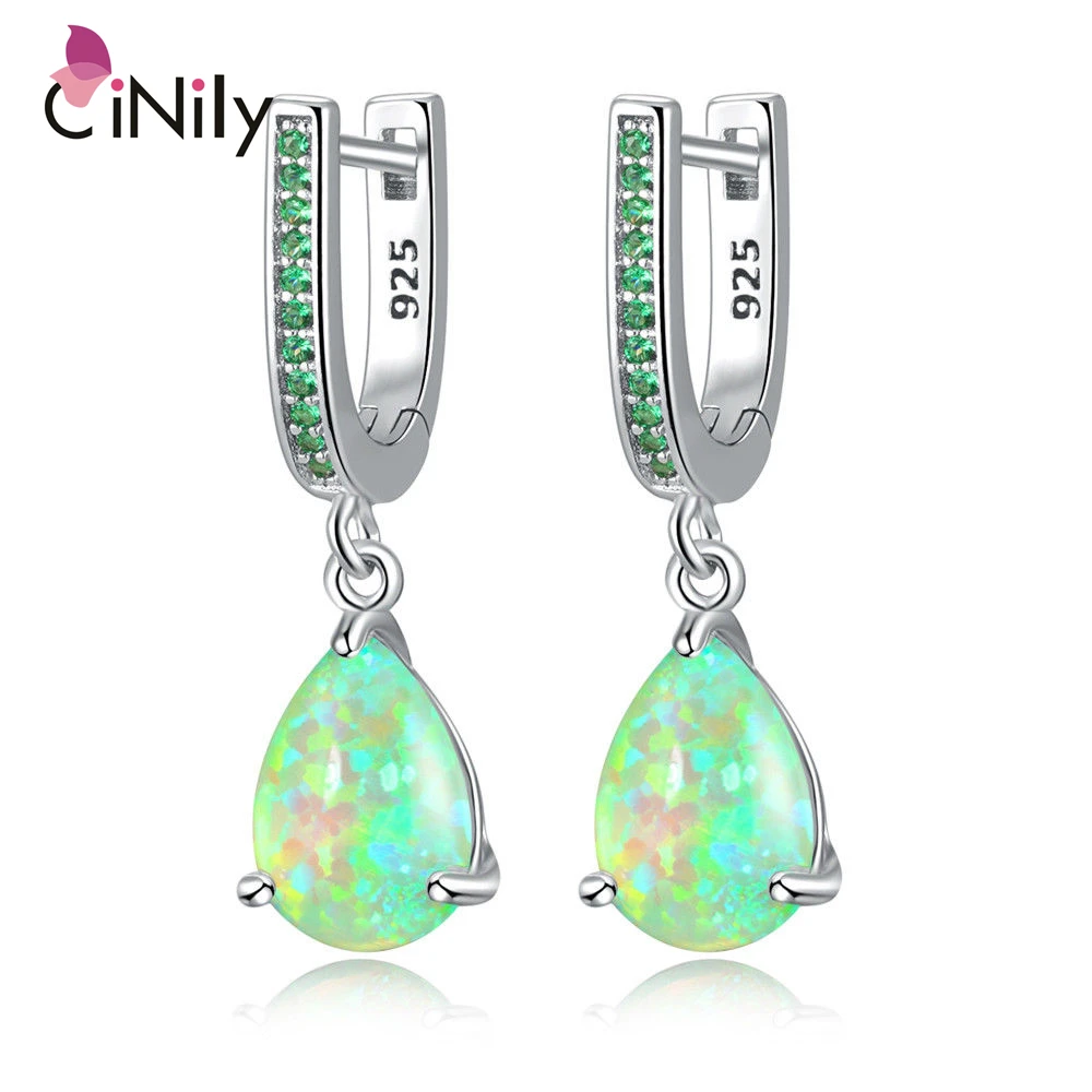 

CiNily Green White Droplets Fire Opal Stone Dangling Drop Earrings Silver Plated Pink Cryatal Fully-Jewelled Bohemia Woman Girl