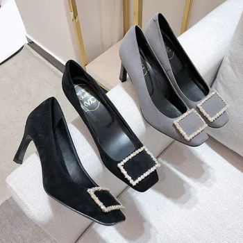 

Designer leather high-heeled shoes black suede square head water drill thin heel women's pump