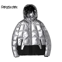 Модная мужская зимняя повседневная кожаная Глянцевая пуховая хлопковая куртка с капюшоном и карманами, теплое пальто, ветрозащитная одежда# g3