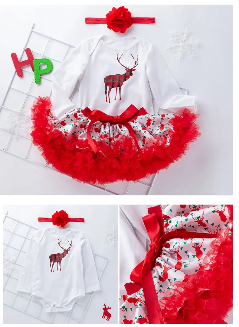 Рождественская одежда для маленьких девочек комплекты для новорожденных хлопковый комплект из 3 предметов для маленьких девочек с длинными рукавами, Рождественский красный костюм для малышей