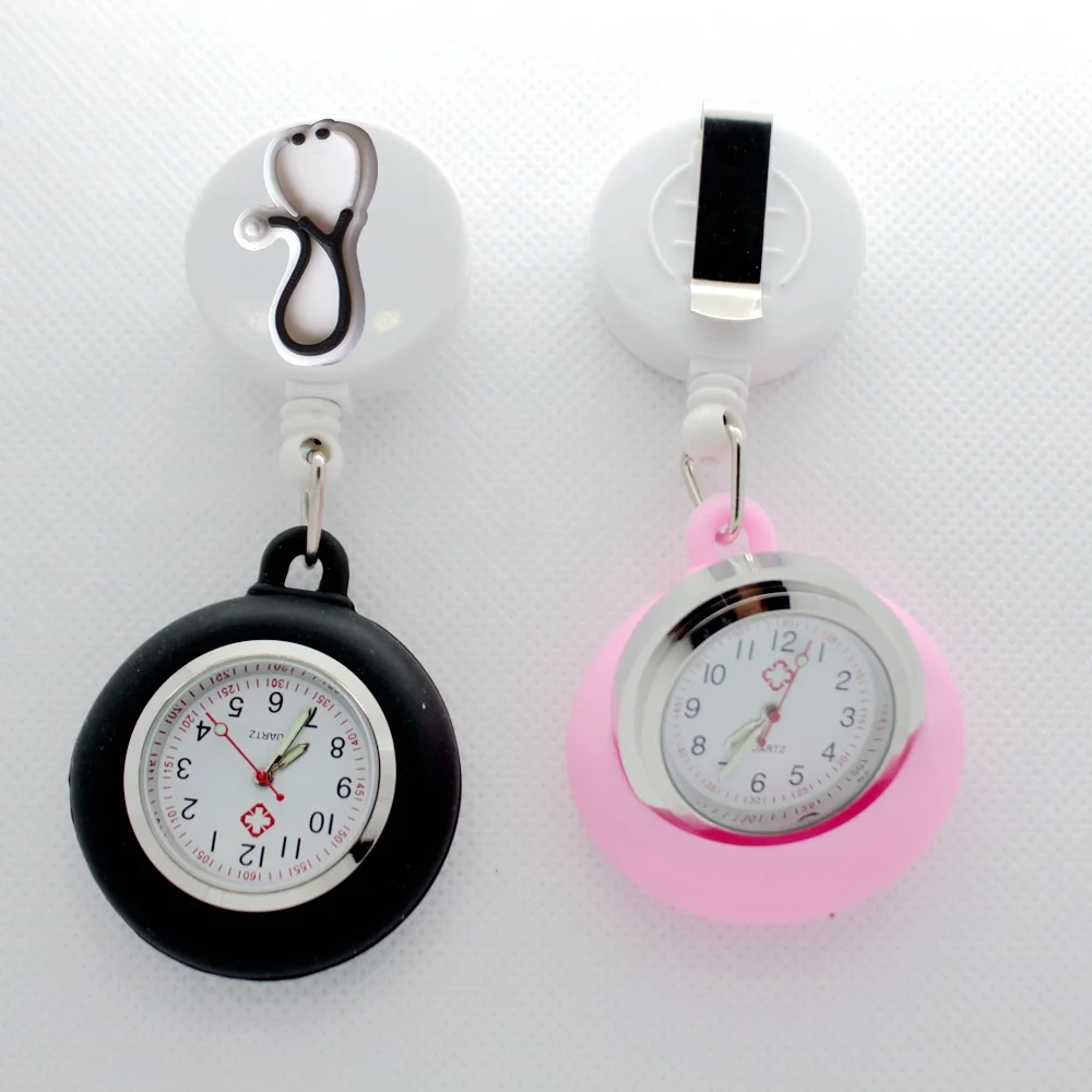 Pocket Watch Lovely Cartoon Nurse Doctor Retractable Pocket Watches Hospital Medical Badge Reel Love Heart Stethoscope Syringe Clips Watches
