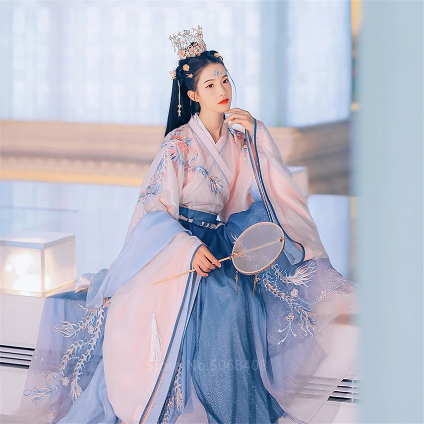 Элегантное Сетчатое платье Hanfu для женщин с вышивкой 6 м большим разрезом Феникс