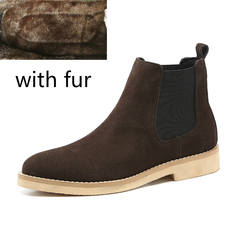 brown with fur Мужские ботинки «Челси» от известного бренда; зимняя обувь из коровьей кожи; теплые зимние ботинки на меху; короткие ботильоны на платформе; botas chaussure homme zapatos - Цвет: brown with fur