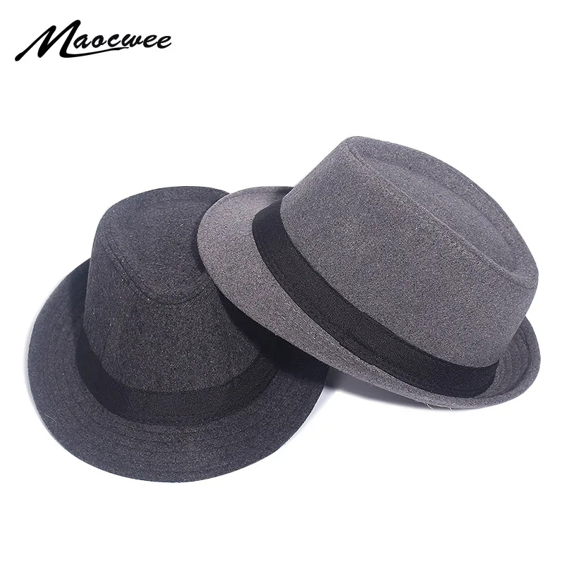 Gray Black Fedora Hat Classical Wide Brim Hat Men Solid Men's Dad Vintage Top Jazz Hat Autumn Winter Bowler Sombrero Felt Cap