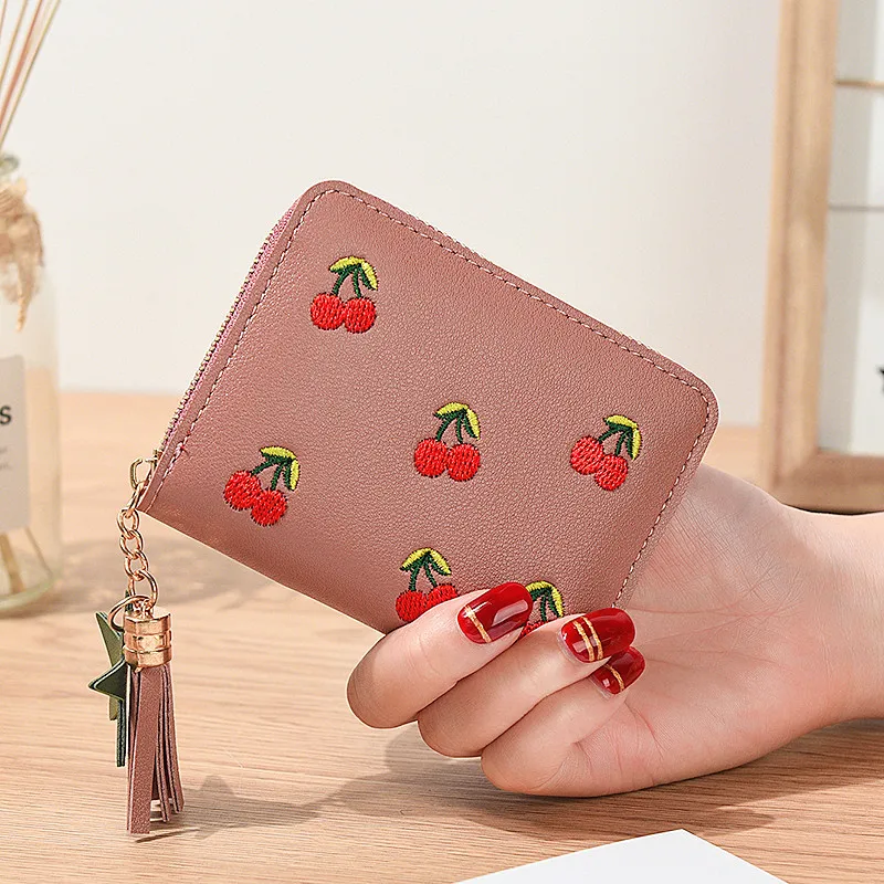 Модный женский кошелек, маленькие короткие кошельки с кисточками из искусственной кожи, вышитый вишней, Женский кошелек для монет, держатель для карт, Дамская мини сумка для денег - Цвет: DarkPink