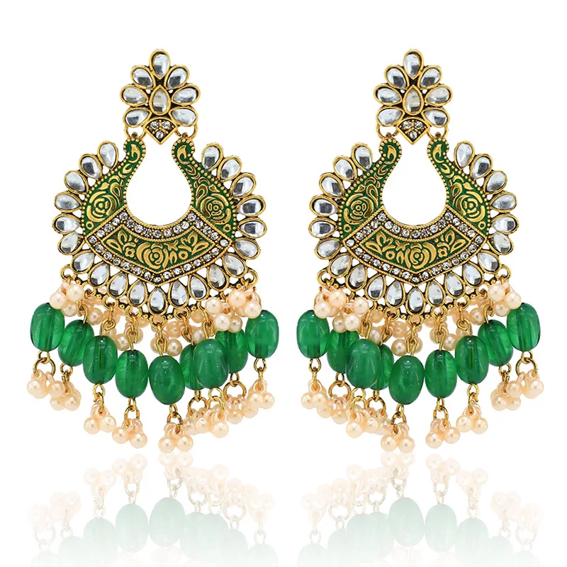 2021 Инс индийские Jhumki Jhumka ручной работы Жемчуг Бусины с тиснением зеленый цветок