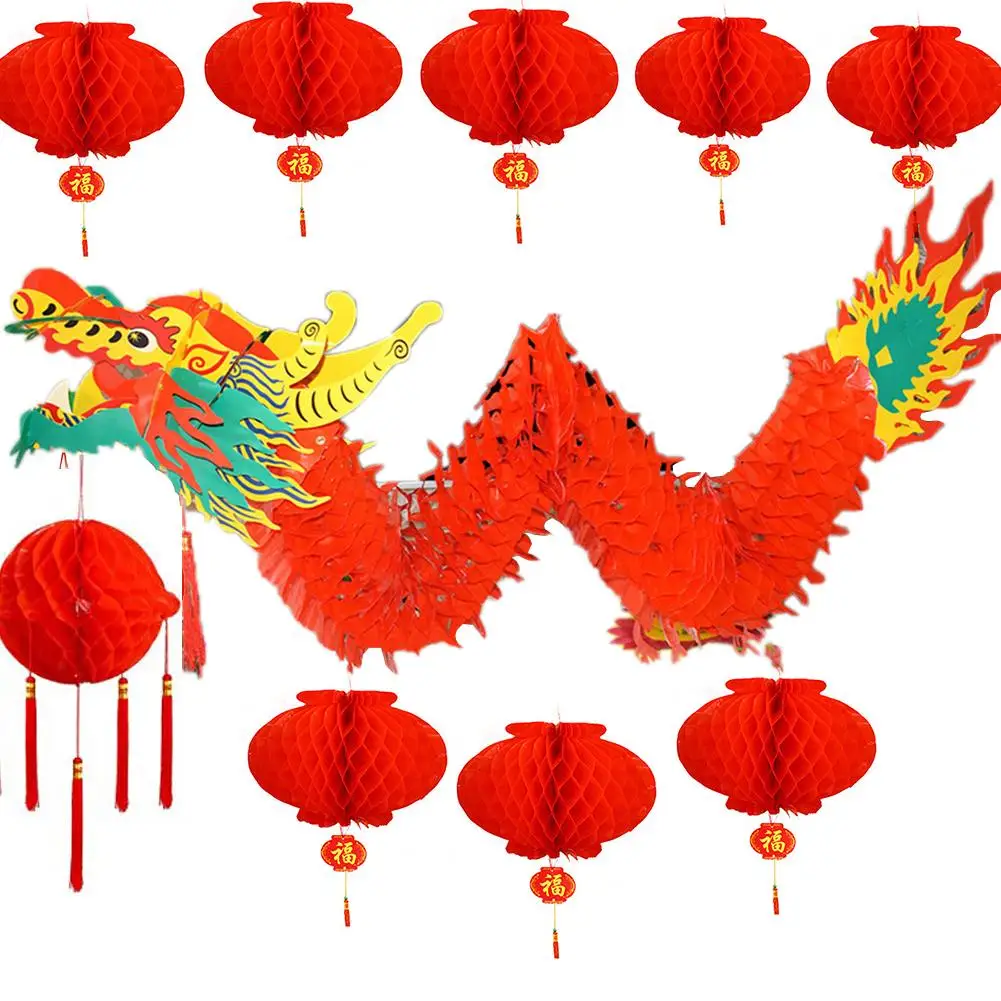 

2020 Chinese Lantern Set And Dragon Pendant Foldable Plastic Dragon Pattern Lantern For Chinese Spring Festival