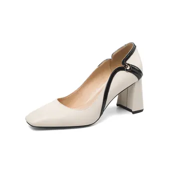 

2020 Fashion Women genuine Leather High Heels Party Wedding Shoes Woman Square Toe Spring Summer Basic Pumps