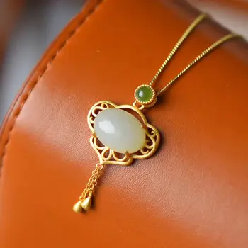 

SNew Silver Inlaid Natural Hotan White Jade Auspicious Openwork Tassel Super High Craft Temperament Women's Necklace Pendant