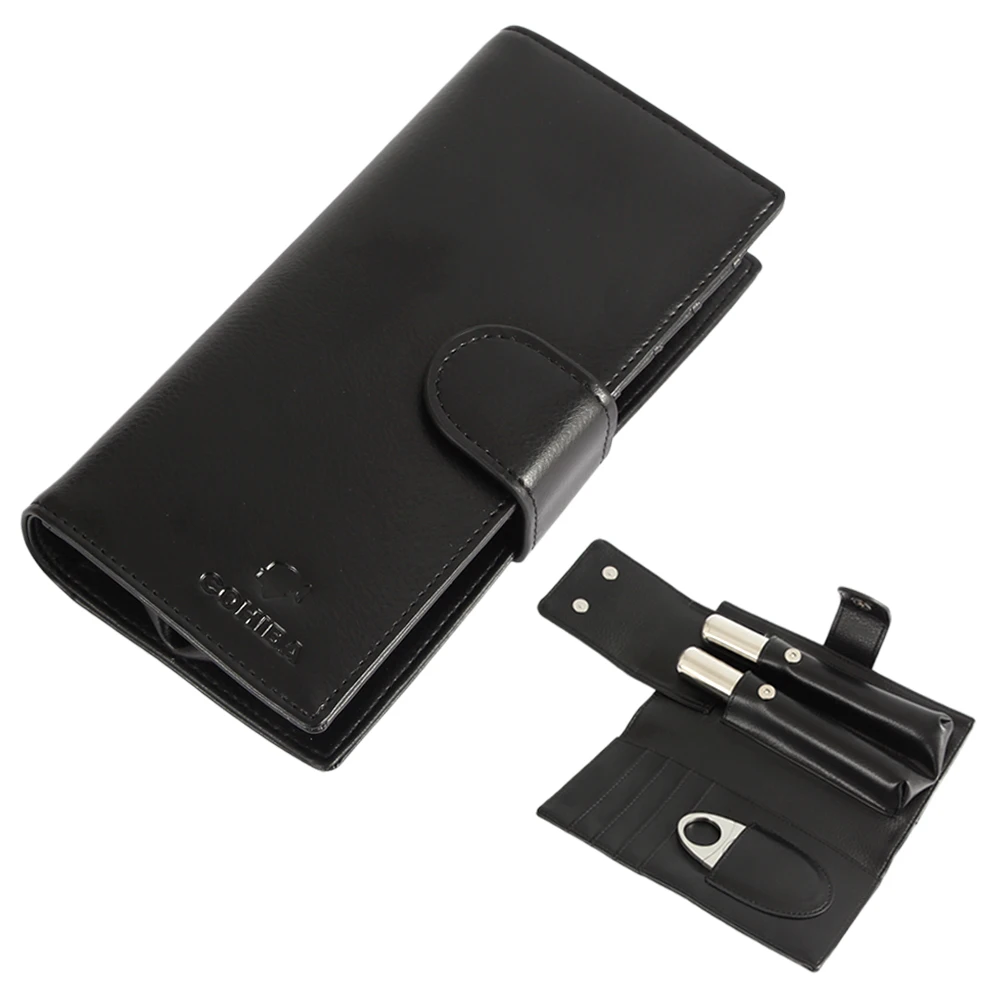 

COHIBA Travel Cigar Case Portable Wallet Style Cigar Humidor Leather Pocket Cigars Tube Metal Ciggar Cutter Sharp W/ Gift Box