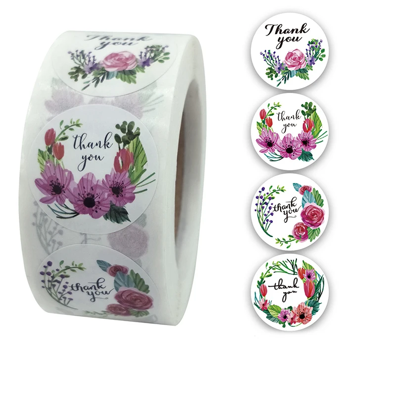 1 Roll(500Pcs) Flowers Thank You Sticker Paper Labels Round Reward scrapbooking Stickers Envelope Seals Stickers Stationery 