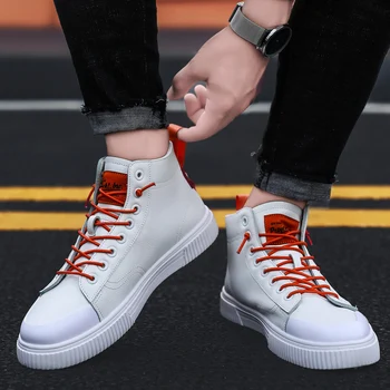 

2019 men's fashion spring and autumn new high-top leather panel shoes sports and leisure white shoes sneakers