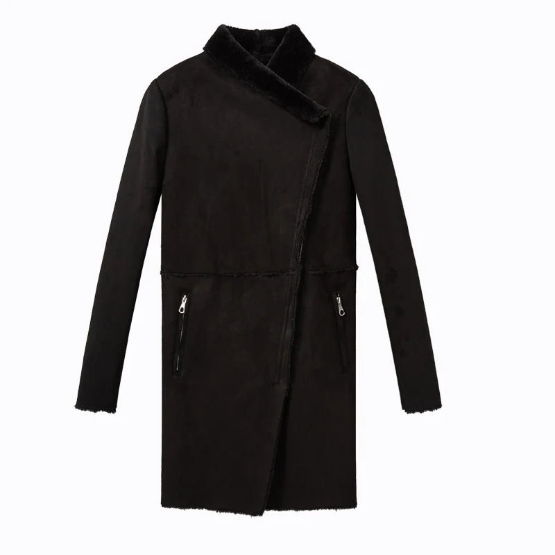 black Casaco feminino Mulheres do falso couro cordeiros casaco de lã feminino longo grosso quente shearling casacos de camurcha jaqueta - Цвет: black