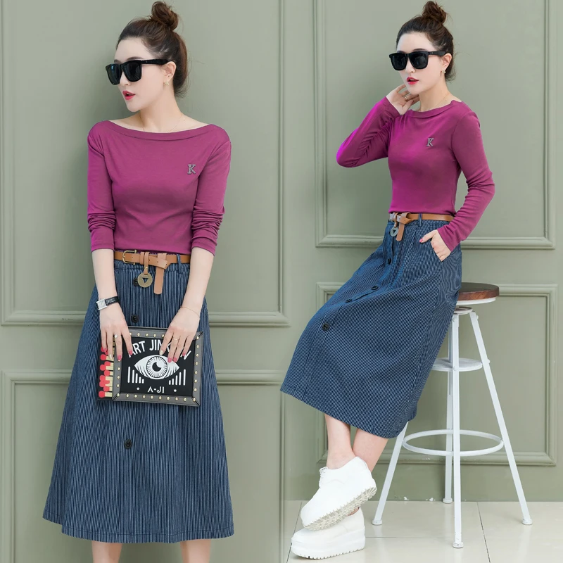 

Spring Autumn Fashion Two Piece Set Long Sleeve T shirt and Striped A-Line Skirt Set with Sashes Women Casual 2 Piece Outfit