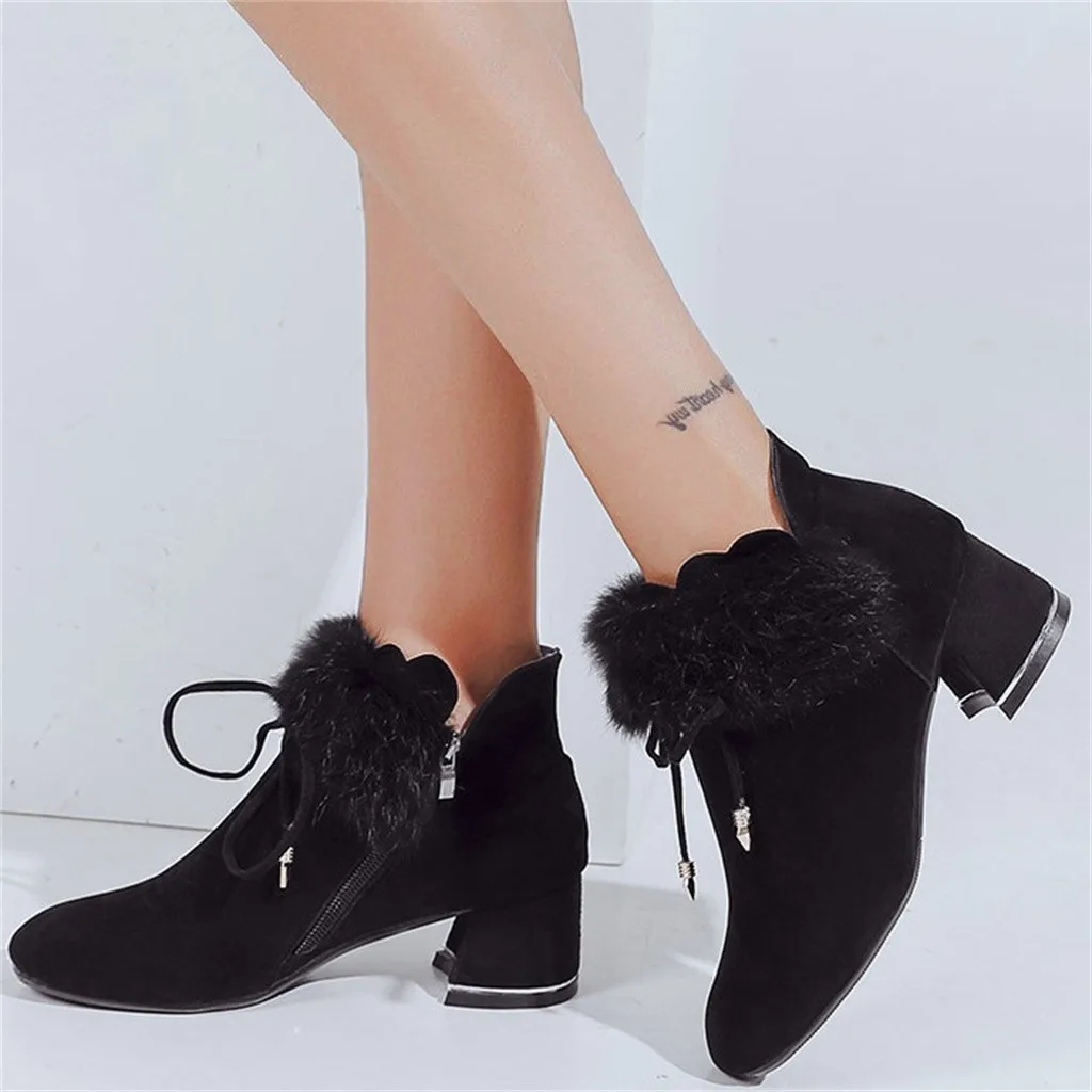 

Velvet Fluffy Zipper Women's Ankle Booties Winter Warm Med Bow Knot Lace-up Square Toe Hoof Heel Ladies Boots Ботинки Женские