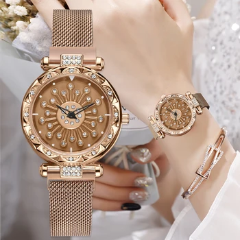 

Fashion Women Rotating Watches Rose Gold Mesh Female Quartz Flowers Wristwatches Lucky Ladies Magnet Clock Luxury Reloj Mujer