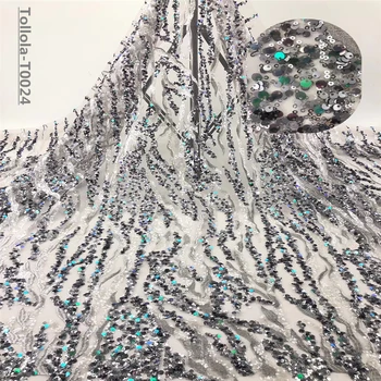 

High Quality Sequins Nigerian Lace Fabric Gray And Green Color French Tulle Lace Guipure Party Dress African Lace Fabric
