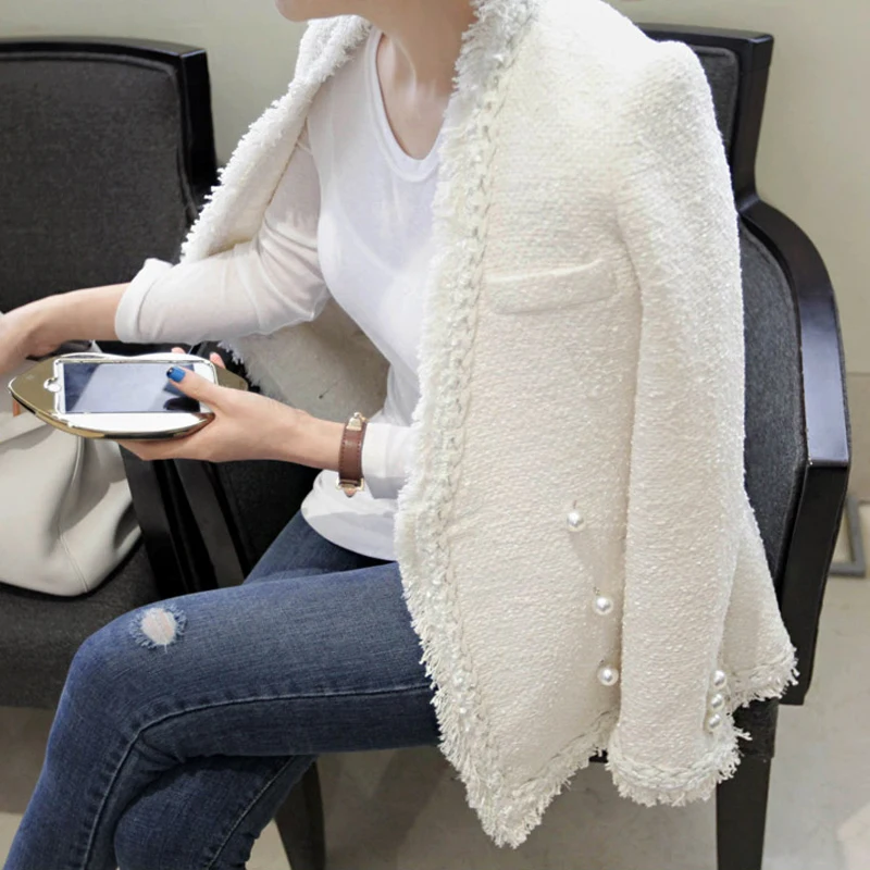 Брендовое Женское зимнее шерстяное пальто с жемчужинами и кисточками, женское винтажное теплое твидовое пальто Casaco Femme, элегантное пальто - Цвет: color (white)