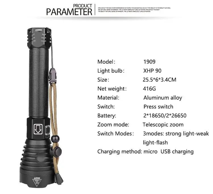 SOLLED XHP90 светодиодный 3 режима затемнения высокой яркости фонарик usb зарядка 25,5*6*3,4 см