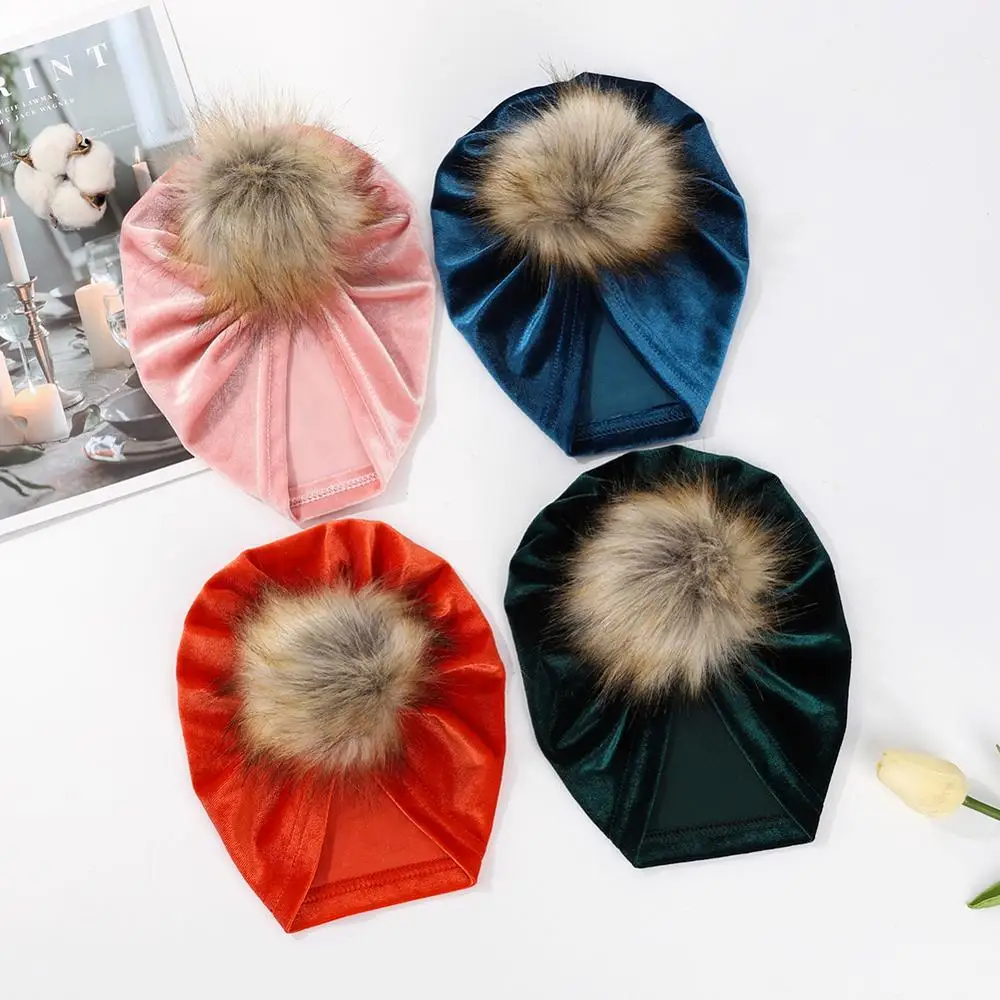Solid Velvet Fabric Fur Ball Hat for Kids Boys Girls Baby Photograph