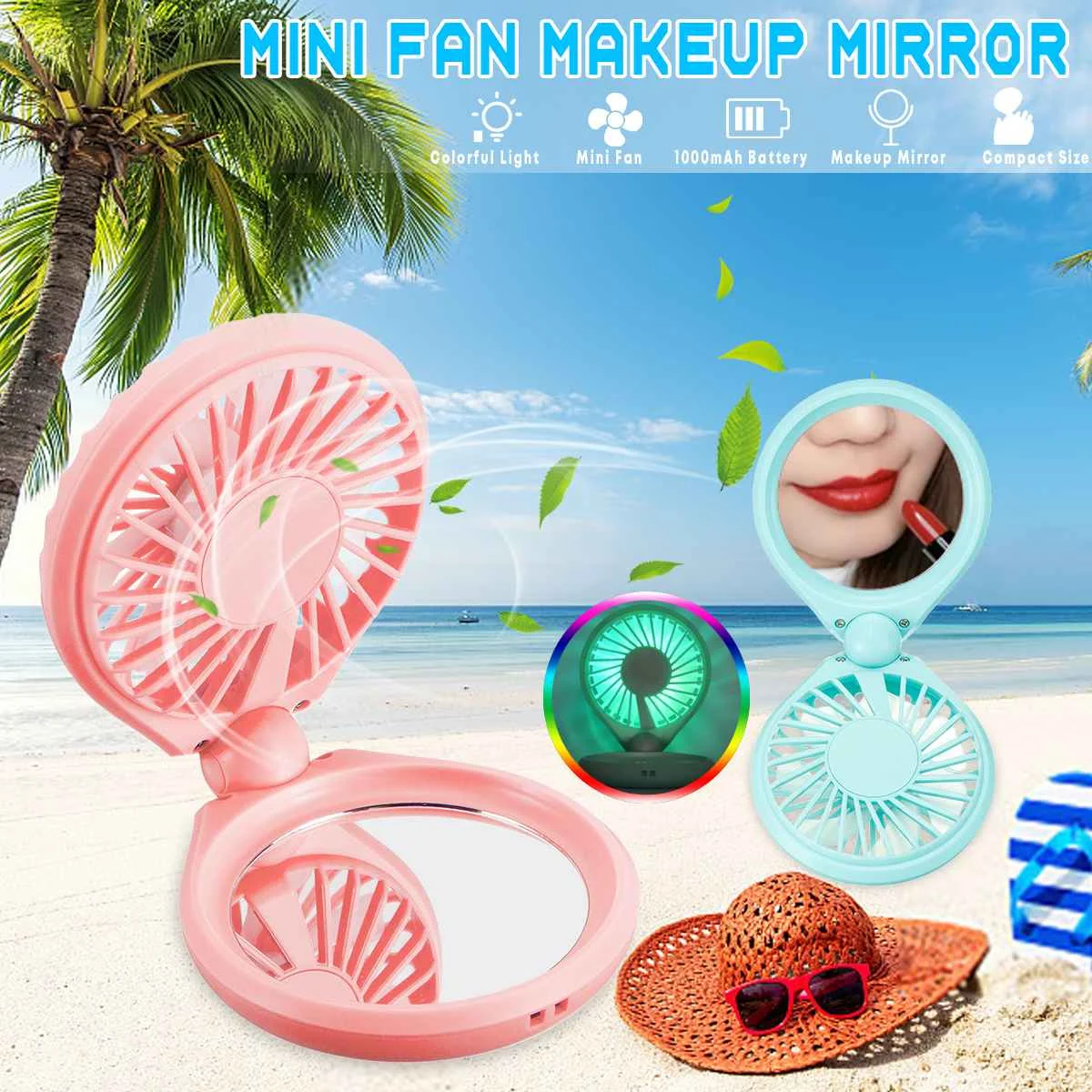 

warmtoo Portable LED Light Makeup Pocket Mirror Handheld Folding Mini Air Cooling Fan 3 Speed 0 to 130 Degree Angle Adjustment