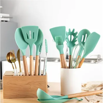 

12Pcs/set Kitchen Utensil Set Silicone Cookware Cooking Tools Spoon Spatula Set Heat Resistant With Wooden Handle Tableware