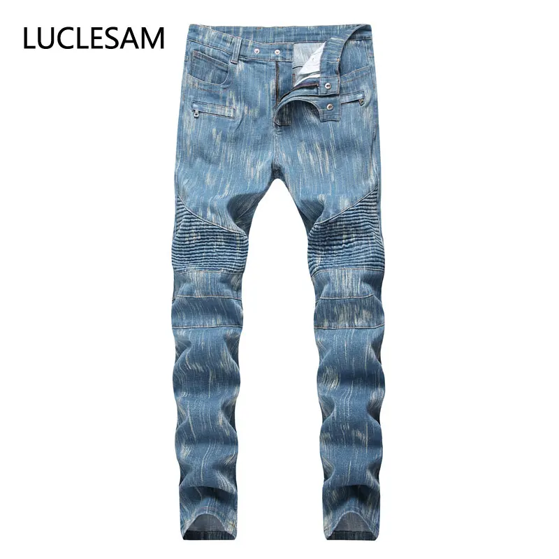 Male Folds Denim Pants Mens White Slim Fit Stripe Pencil Jeans Stretch Biker Trousers Men Hip Hop Streetwear Pant Hommes | Мужская