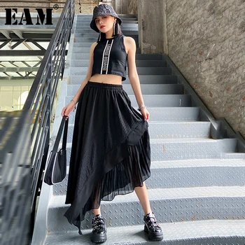 

[EAM] High Elastic Waist Black Pleated Chiffon Irregular Stitch Half-body Skirt Women Fashion Tide New Spring Summer2020 1X874