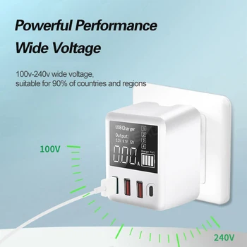 

QC3.0 Fast Charging Travel Wall Charger Type C USB Charger 4 Ports Smartphones Adapter 40W LED Display for iPhone Samsung