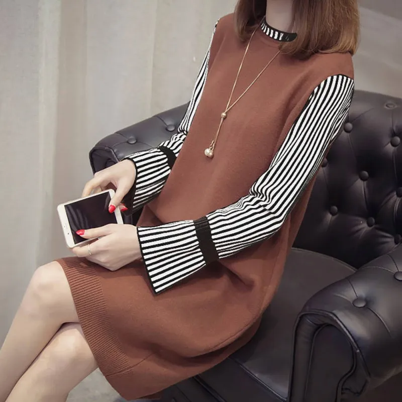 2 цвета поддельные из двух частей Повседневное платье осень новая свободная мода джемпер сладкий свитер платье