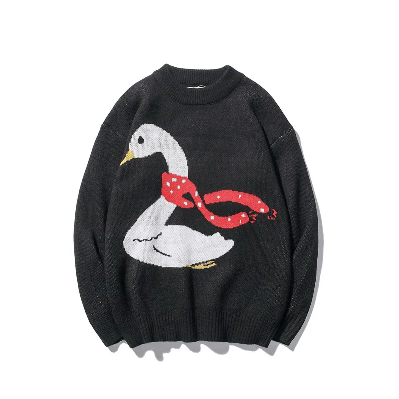 Темный значок, вязаный свитер с круглым вырезом и лебедем, осень, свободные пуловеры, мужские свитера, модная уличная одежда для мужчин