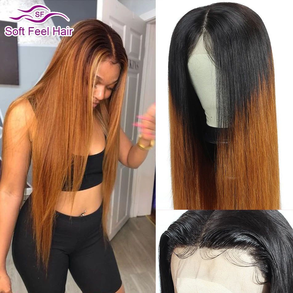 

Straight Lace Front Human Hair Wig Ombre Brown 13x4 Lace Front Wig Remy Brazilian 4x4 Lace Closure Wig For Women Soft Feel Hair