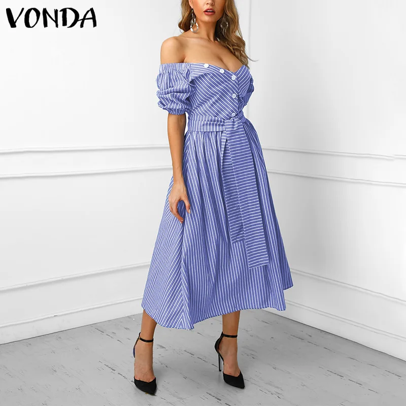 VONDA, элегантное платье, женское, сексуальное, с открытыми плечами, половина рукава, в полоску, платья, повседневное, свободное, Пляжное, сарафан размера плюс, 5XL