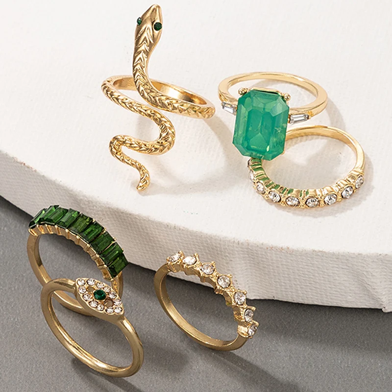 Ring Set Finger Ring Adjustable Rings Zircon Crystal Ring Animal Ring docona 6pcs/set Luxury Green Rhinestone Rings for Women Vintage Crystal Snake Adjustable Metal Ring Set Jewelry