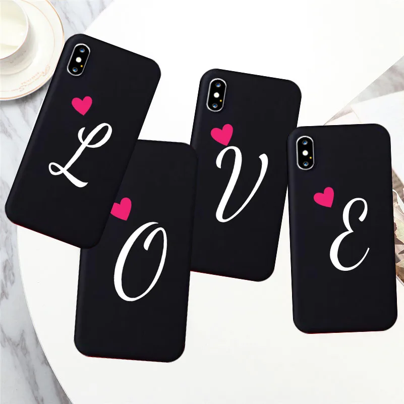 Love Heart Soft Silicone Black Couple Phone Case with Letters A B C D