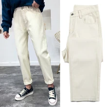 Новинка, весна-осень, женские свободные джинсы, высокая талия, повседневные, прямые, длина по щиколотку, женские, большие размеры, хлопок, одноцветные, джинсовые штаны 01