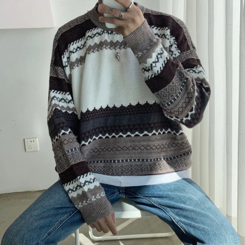 Winter Sweater Men Warm Fashion Retro Casual Knit Sweaters Man Streetwear Loose Long-sleeved Pullover Sweter Clothes Men