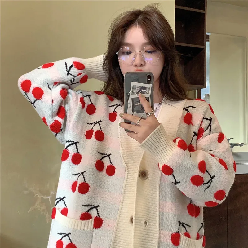 

2020 Autumn Chic Lady Cardigan Cherry Jacquard Loose V-Neck Single Breasted Elegant Sweet Korean Casual Tops Kawaii Sweater