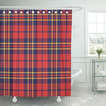 

Blue Tartan Plaid Red Check Kilt Line Pattern White Shower Curtain Waterproof Polyester Fabric 60 x 72 Inches Set with Hooks
