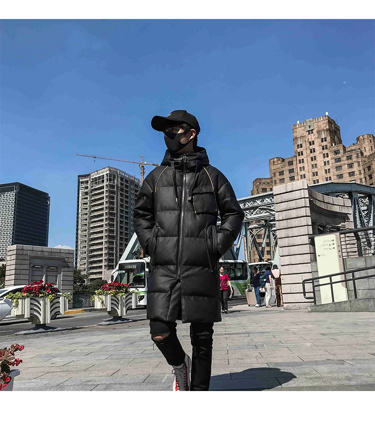 Cotton Coat Leather Coat Men's Mid-length Winter New Style Korean-style Trend Cotton-padded Clothes Fashion Slim Fit Hat PU