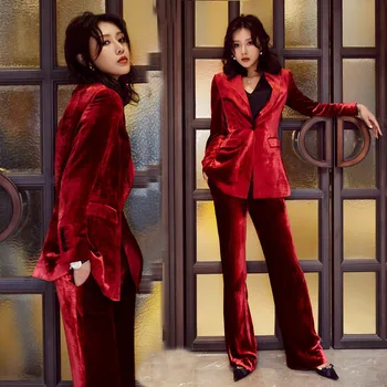 

office suits for women women's gold velvet suit suit autumn and winter new fashion temperament was thin suit micro-la